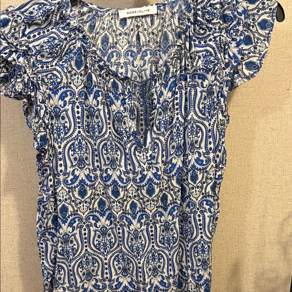 Rose & Olive Blue and White Paisley Blouse